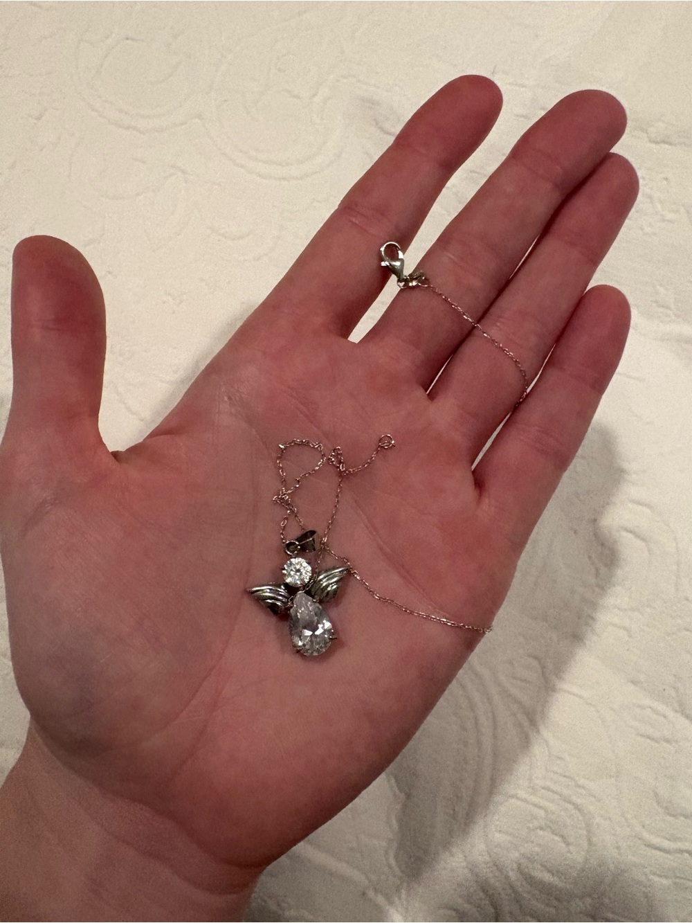 Delicate Silver Angel Pendant Necklace with Clear Crystals